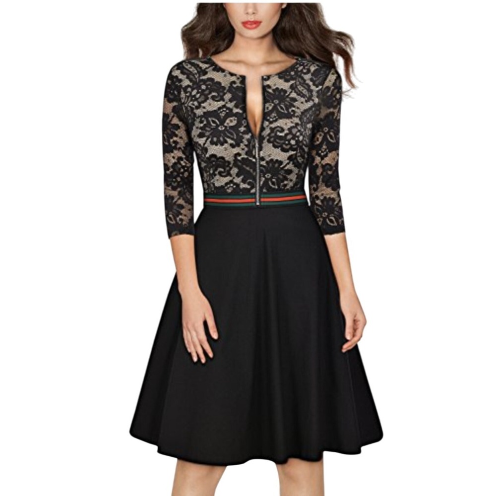 Miusol Black Lace Top Fit and Flare Dress 1940s Style Pinup Cocktail Retro Glam